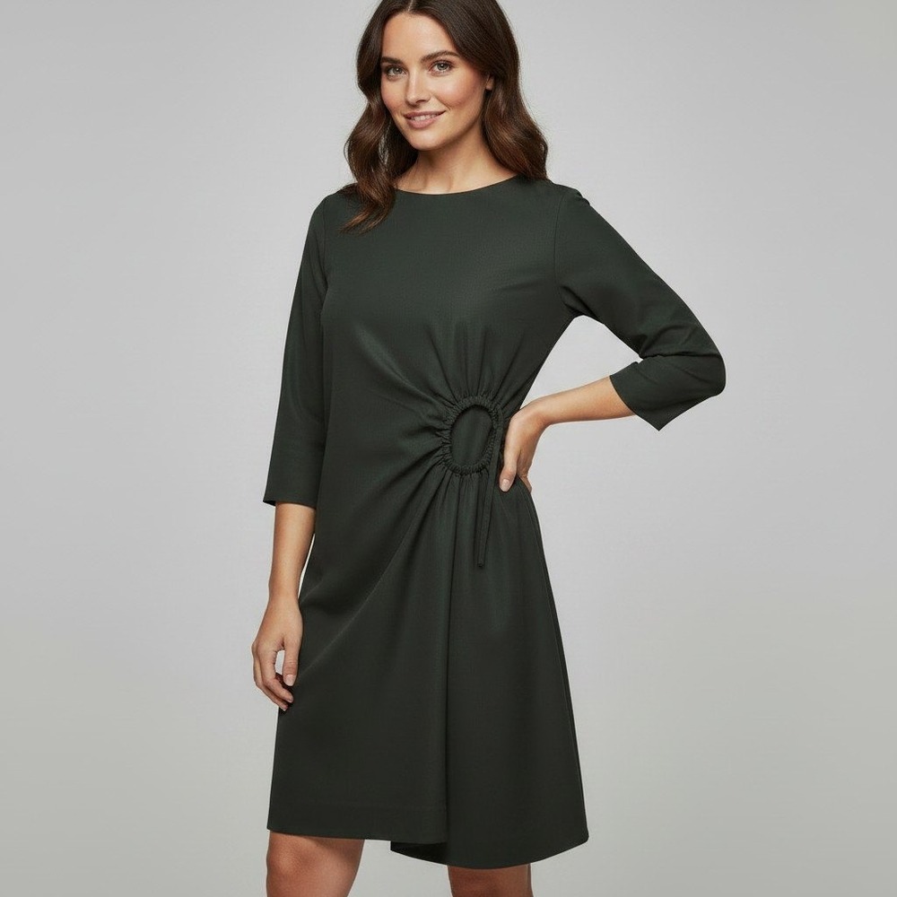 COS Womens Dark Green O-Ring Gathered Shift Dress 3/4 Sleeve Size 2 0788057 0